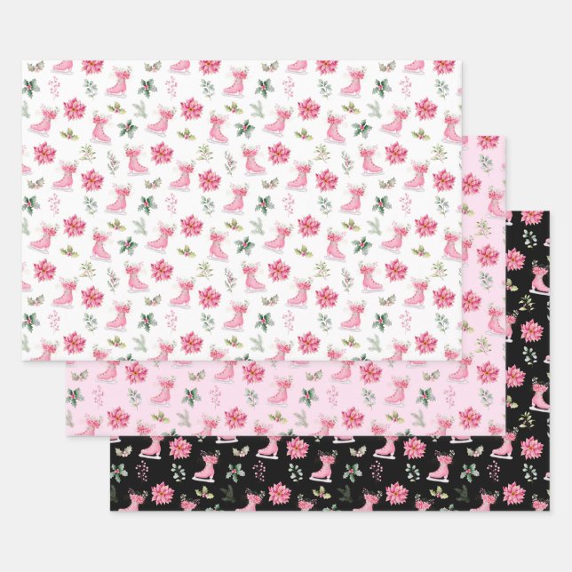 Feuille De Papier Cadeau Christmas Floral Pink Ice Skates (Lot)