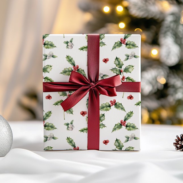 Feuille De Papier Cadeau Christmas Holly et Mistletoe (Holly Christmas Wrapping Paper)