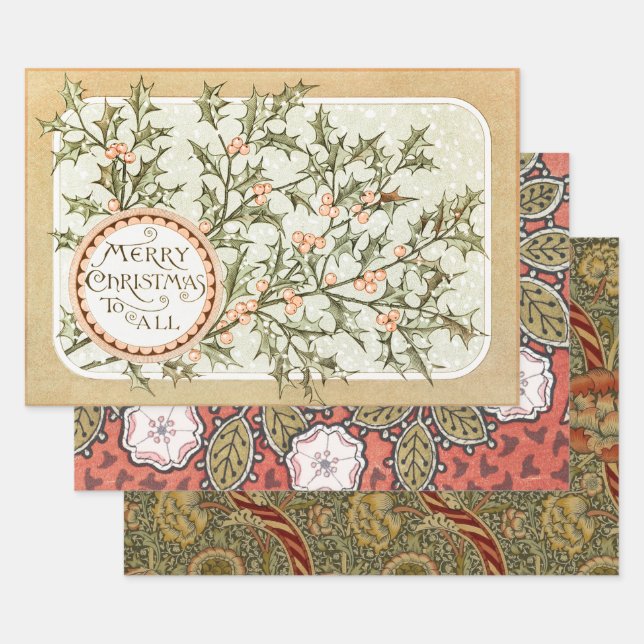 Feuille De Papier Cadeau Christmas Holly Jolie Antique Salutation (Lot)