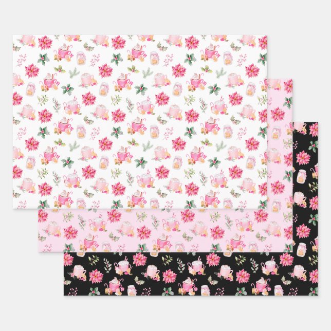 Feuille De Papier Cadeau Christmas Hot Cocoa and Pink Poinsettias (Lot)