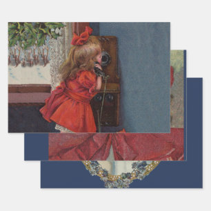 Feuille De Papier Cadeau Christmas Little Girl Téléphone Antique