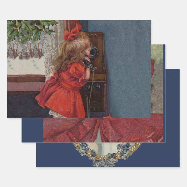Feuille De Papier Cadeau Christmas Little Girl Téléphone Antique (Lot)