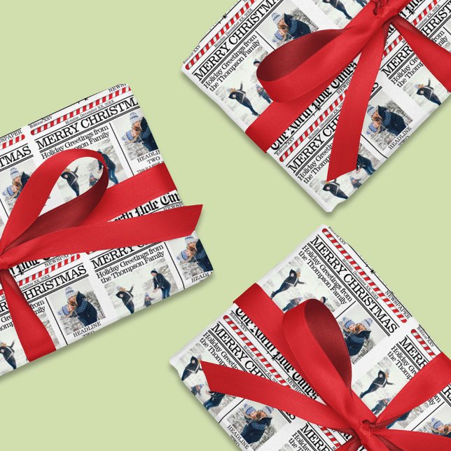 Feuille De Papier Cadeau Christmas Photo Collage Holiday Journal rouge (Christmas whimsical photo newspaper print custom wrapping paper.)