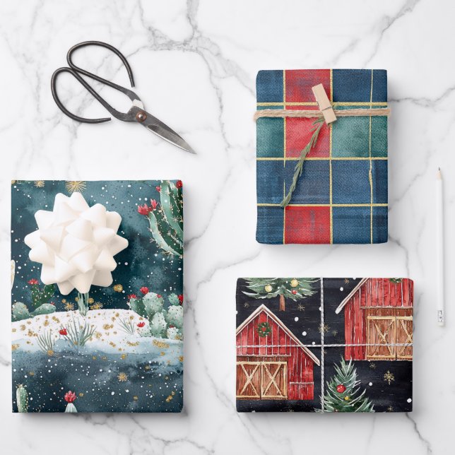 Feuille De Papier Cadeau Christmas Red Blue Green Cactus Floral (Recto)