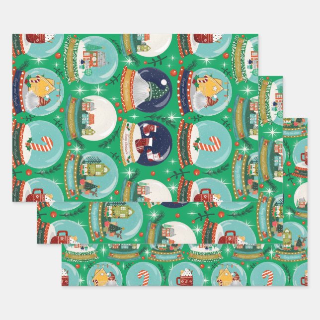 Feuille De Papier Cadeau Christmas Snow Globe Green - Bois Noël (Lot)