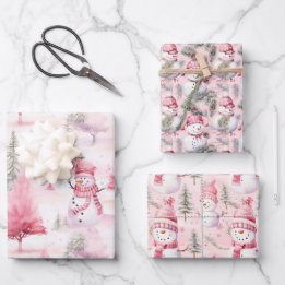 Feuille De Papier Cadeau Christmas Snowmen Pink Coordination