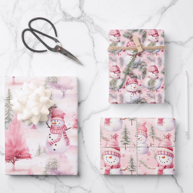 Feuille De Papier Cadeau Christmas Snowmen Pink Coordination (Recto)