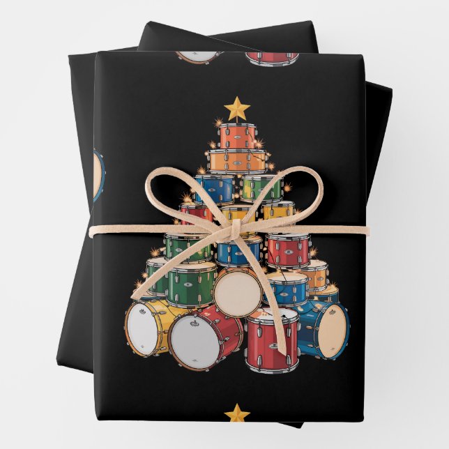 Feuille De Papier Cadeau Christmas Tree Drummer Music Holiday Drummer Band (En situation)