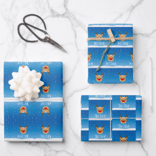 Feuille De Papier Cadeau Chute de neige de rennes souriant bleu personnalis