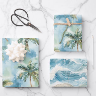Feuille De Papier Cadeau Cieux Bleus Île Tropicale Palmiers Anniversaire