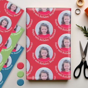 Feuille De Papier Cadeau Circle photo avec voeux d'anniversaire Rouge bleu 