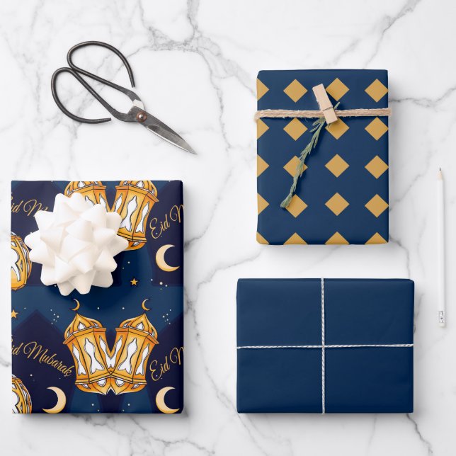Feuille De Papier Cadeau Citation Motif de l'Aïd Moubarak Enfants Lune bleu (Recto)