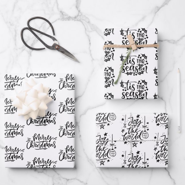 Feuille De Papier Cadeau Citations de Noël noir et blanc moderne Cadeau (Recto)