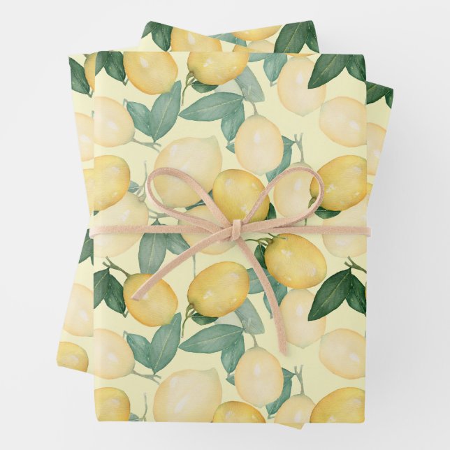 Feuille De Papier Cadeau Citrons aquarelles (En situation)
