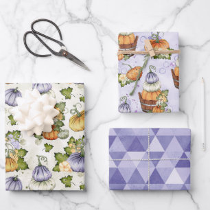 FEUILLE DE PAPIER CADEAU CITROUILLE BLANC ORANGE VIOLET AUTOMNE