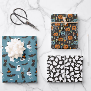 Feuille De Papier Cadeau Citrouille bleu Ghosts Crânes Halloween Motifs