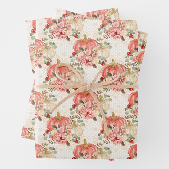 Feuille De Papier Cadeau Citrouille d'aquarelle à crème rose pâle (En situation)