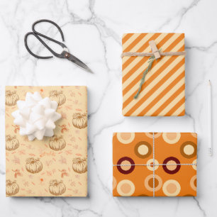 Feuille De Papier Cadeau Citrouille Points Rayures Orange Halloween Vintage
