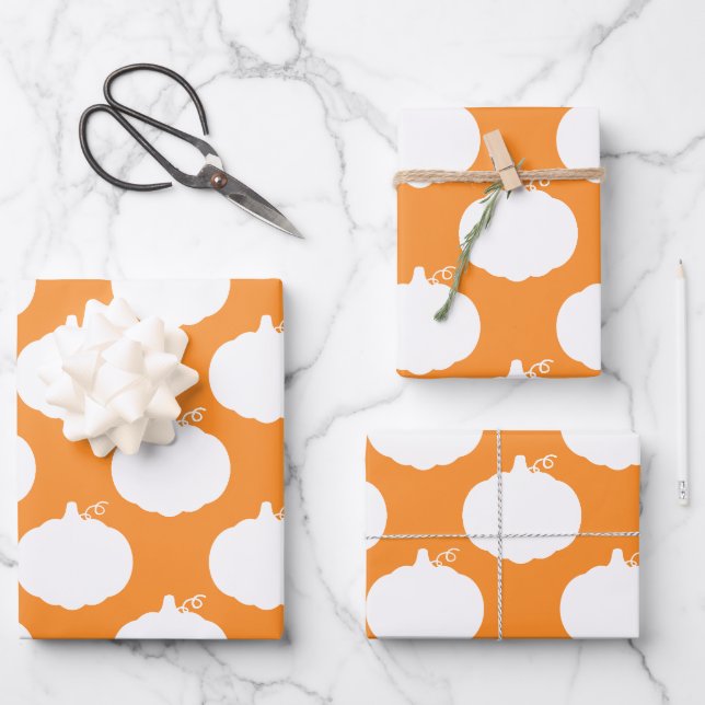 Feuille De Papier Cadeau Citrouille Silhouette Motif Orange Blanc (Recto)