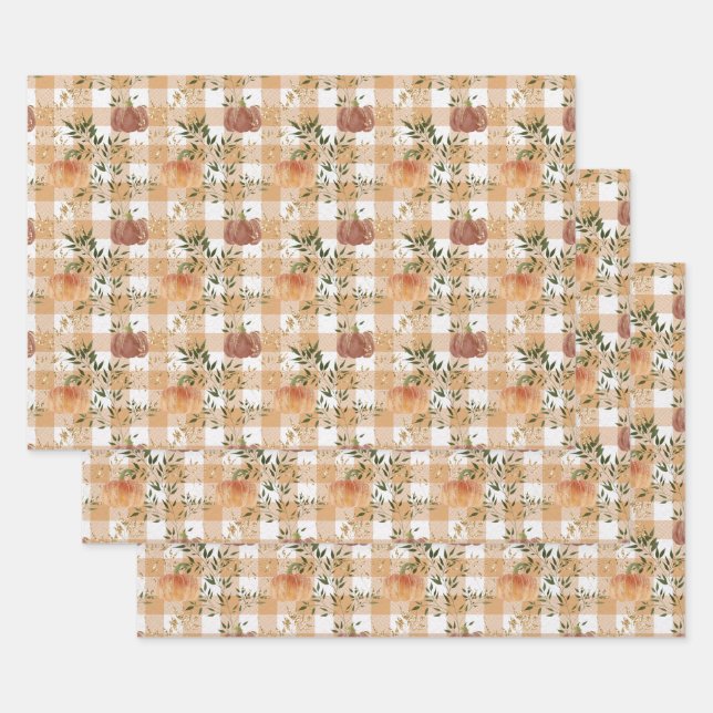 Feuille De Papier Cadeau Citrouilles aquarelle sur En vichy (Lot)