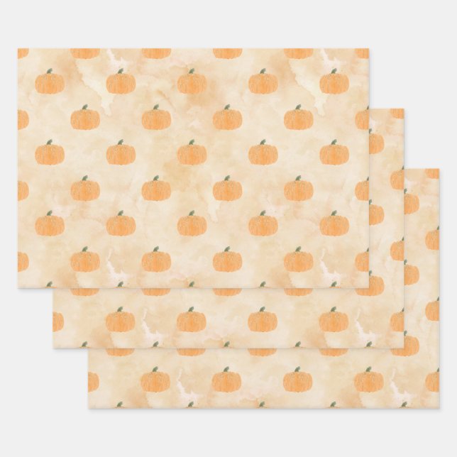 Feuille De Papier Cadeau Citrouilles aquarelle sur Orange (Lot)