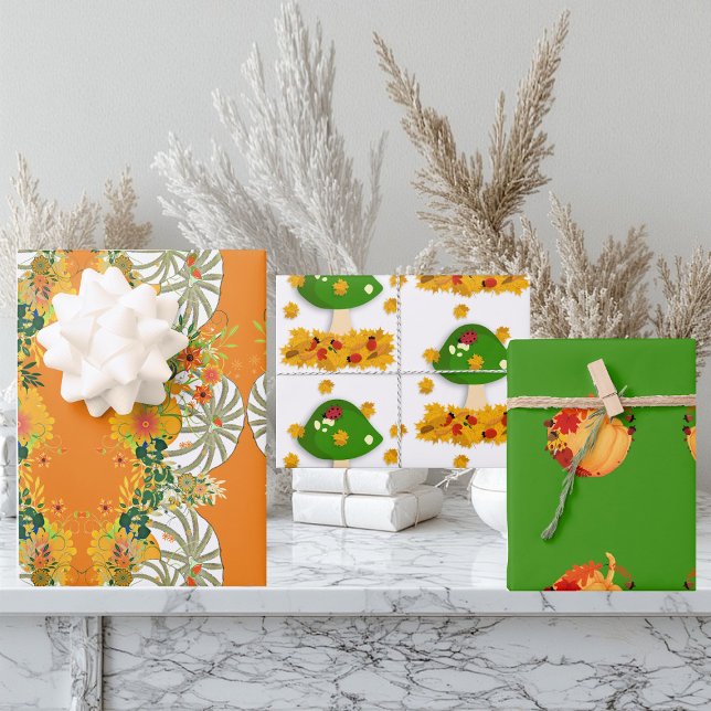 Feuille De Papier Cadeau Citrouilles blancs Chutes Couleurs Tabouret Toadst (White Pumpkins Fall Colors Toadstool Floral Green Wrapping Paper Sheets)