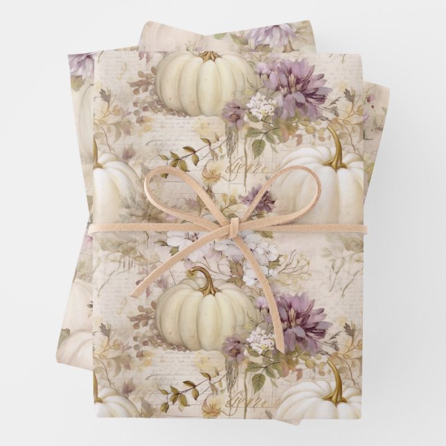 Feuille De Papier Cadeau Citrouilles blancs Lilac Purple Fall Aquarelle Flo (En situation)