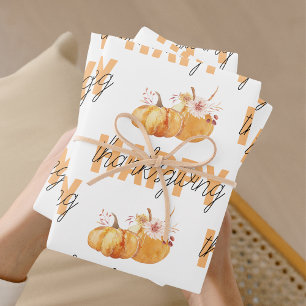Feuille De Papier Cadeau Citrouilles d'aquarelle et Bon thanksgiving orange