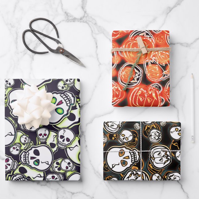 Feuille De Papier Cadeau Citrouilles et crânes (Recto)