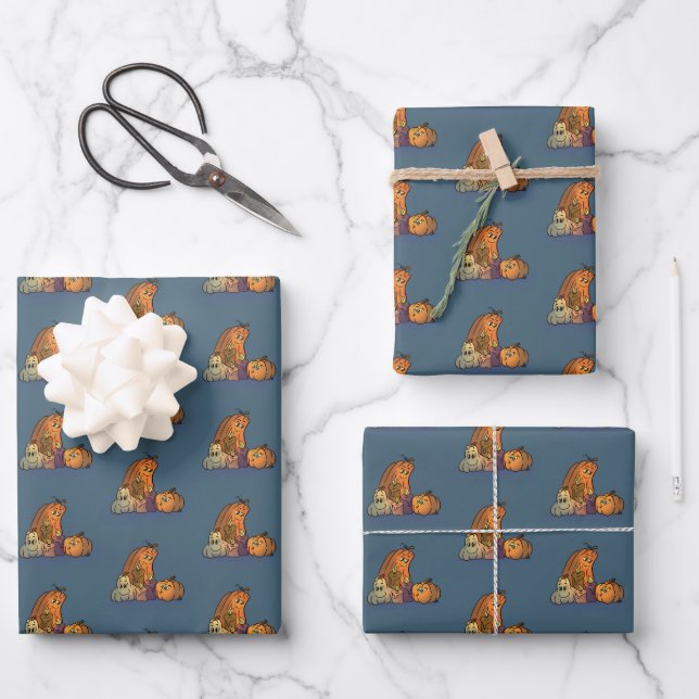 Feuille De Papier Cadeau Citrouilles heureux avec bougies (Recto)