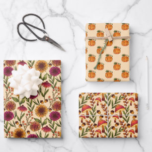 Feuille De Papier Cadeau Citrouilles, tournesols et champignons sur Crème