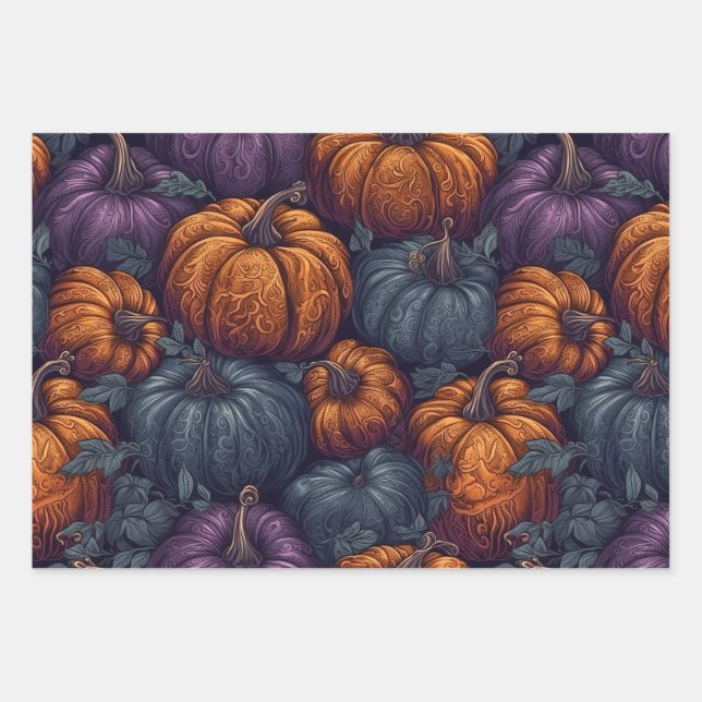 Feuille De Papier Cadeau Citrouilles violet, bleu et orange (Devant)
