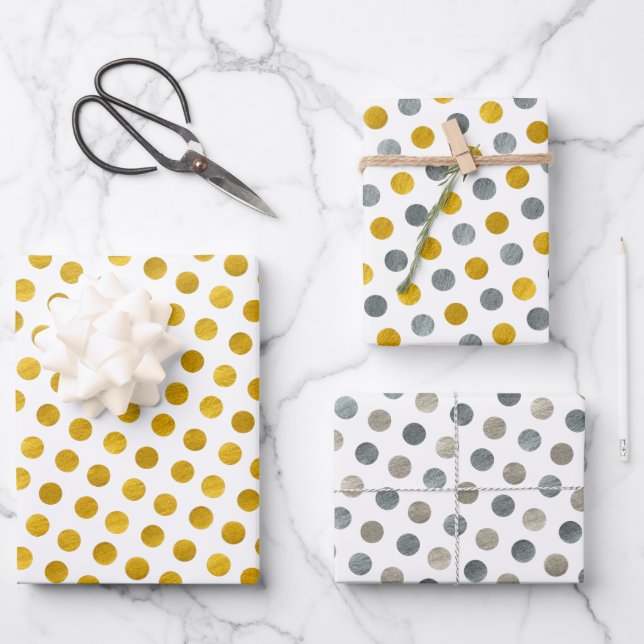 Feuille De Papier Cadeau Classé Blanc Or & Argent Pois Moderne Noël (Recto)