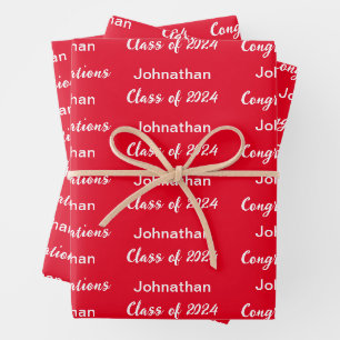 Feuille De Papier Cadeau Classe de 2024 Bright Red Félicitations Grand Nom
