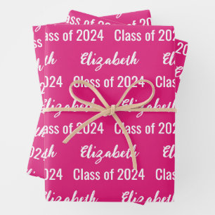 Feuille De Papier Cadeau Classe de 2024 Nom du diplômé Rose et blanc chaud