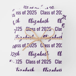 Feuille De Papier Cadeau Classe de 2025 Nom du diplômé Blanc & Violet foncé