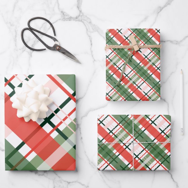 Feuille De Papier Cadeau Classic Christmass rouge vert et blanc plaid (Recto)
