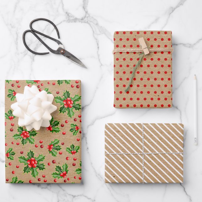 Feuille De Papier Cadeau Classic Holiday Green Holly Red Berries (Recto)