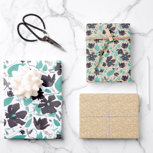 Feuille De Papier Cadeau Clématite Aquarelle Gris Sarcelle Floral (Clematis Watercolor Teal Gray Floral Wrapping Paper Sheets from Studio Posies. )