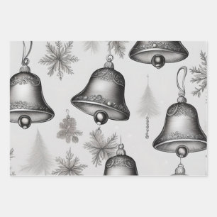 Feuille De Papier Cadeau Cloches d'argent, Holly & Berries et Poinsettias