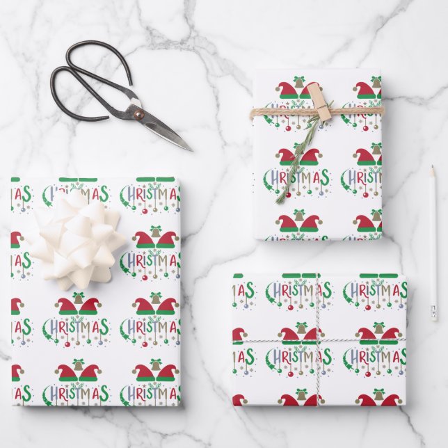 Feuille De Papier Cadeau Cloches de Noël Red Green Santa (Recto)