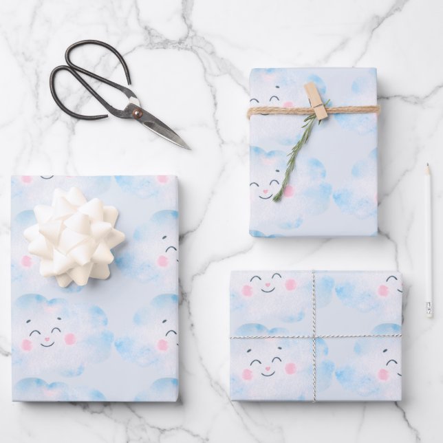 Feuille De Papier Cadeau Clouds bleu Pastel Baby sur bleu (Recto)