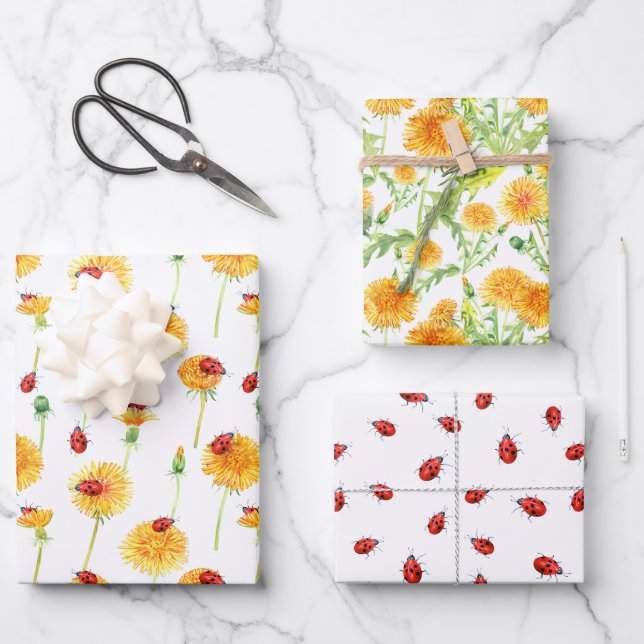 Feuille De Papier Cadeau Coccinelles et Pissenlits (Recto)