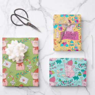 Feuille De Papier Cadeau Cochons de Noël Festifs