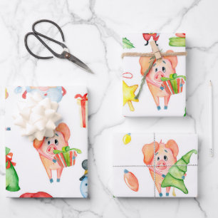 Feuille De Papier Cadeau Cochons de Noël mignons