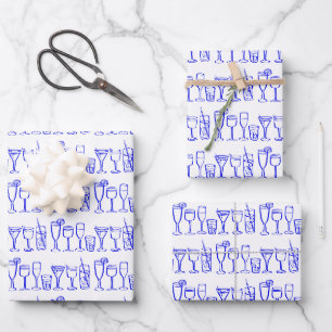 Feuille De Papier Cadeau Cocktail Whimsical Boissons Vin Party Blue Cadeau
