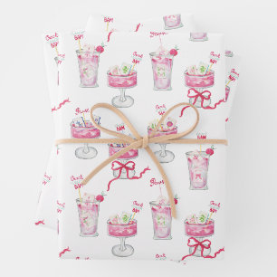 Feuille De Papier Cadeau Cocktails Mahjong Rose Chaud Aquarelle