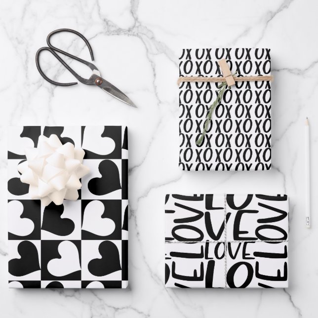 Feuille De Papier Cadeau Coeur d'amour Valentines noir et blanc (Recto)