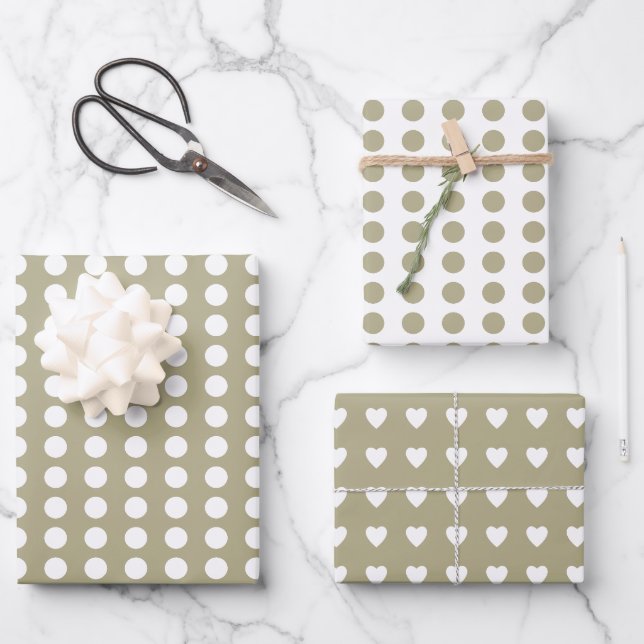 Feuille De Papier Cadeau Coeur pois sage blanc (Recto)
