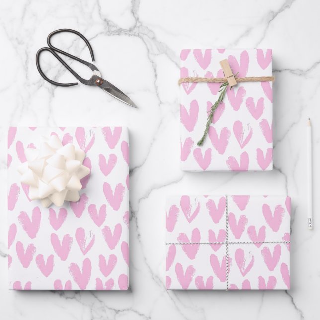 Feuille De Papier Cadeau Coeurs Abstraits roses sur blanc (Recto)